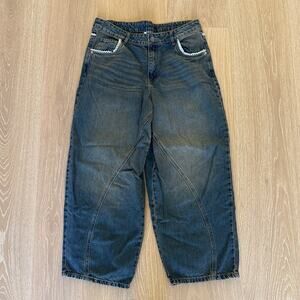 Daisy Street Barrel Jeans with Lace Size L in Brown Blue